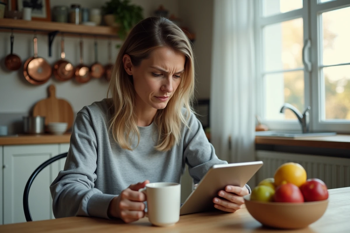 Femme consultant des informations médicales sur une tablette à propos d'une gamma glutamyl transférase élevée dans une cuisine moderne