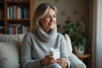 Femme dans son quarantaine avec un pull gris dans un salon chaleureux