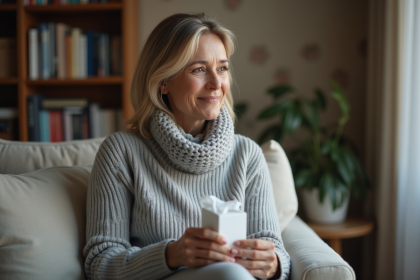 Femme dans son quarantaine avec un pull gris dans un salon chaleureux