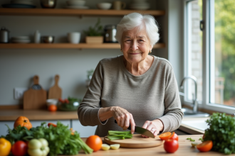 Femme âgée préparant un repas dans sa cuisine moderne