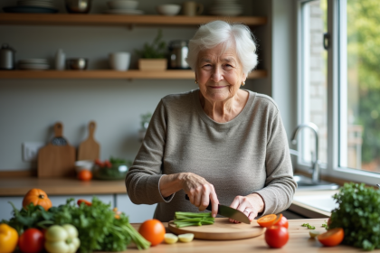 Femme âgée préparant un repas dans sa cuisine moderne