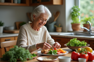 Femme âgée souriante préparant un plat sain dans la cuisine chaleureuse