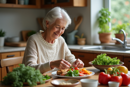 Femme âgée souriante préparant un plat sain dans la cuisine chaleureuse