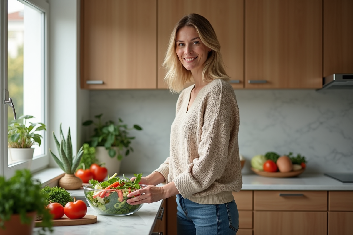 Femme française en cuisine préparant une salade colorée