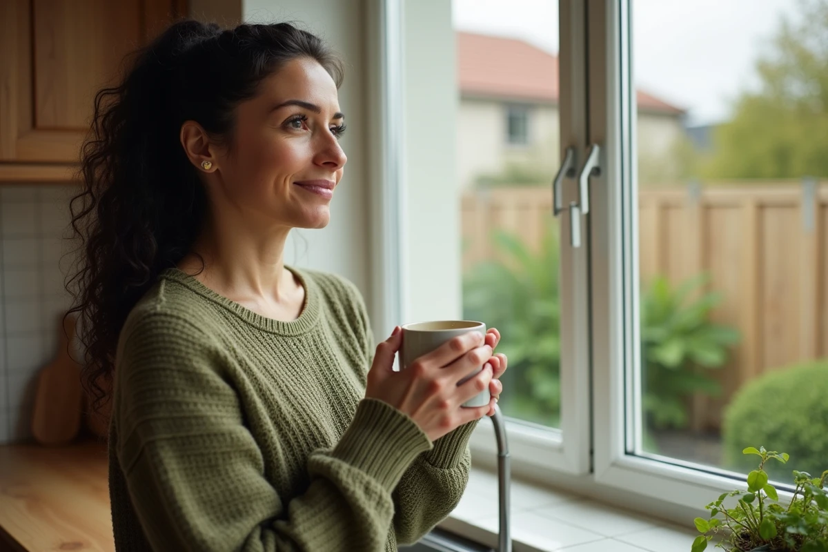 Femme dans sa cuisine tenant une tasse de café et regardant par la fenêtre avec sérénité, évoquant la vie quotidienne après stabilisation de la maladie de Ménière