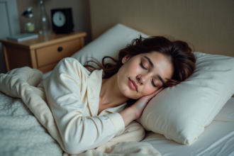 Femme en pyjamas repose paisiblement dans son lit