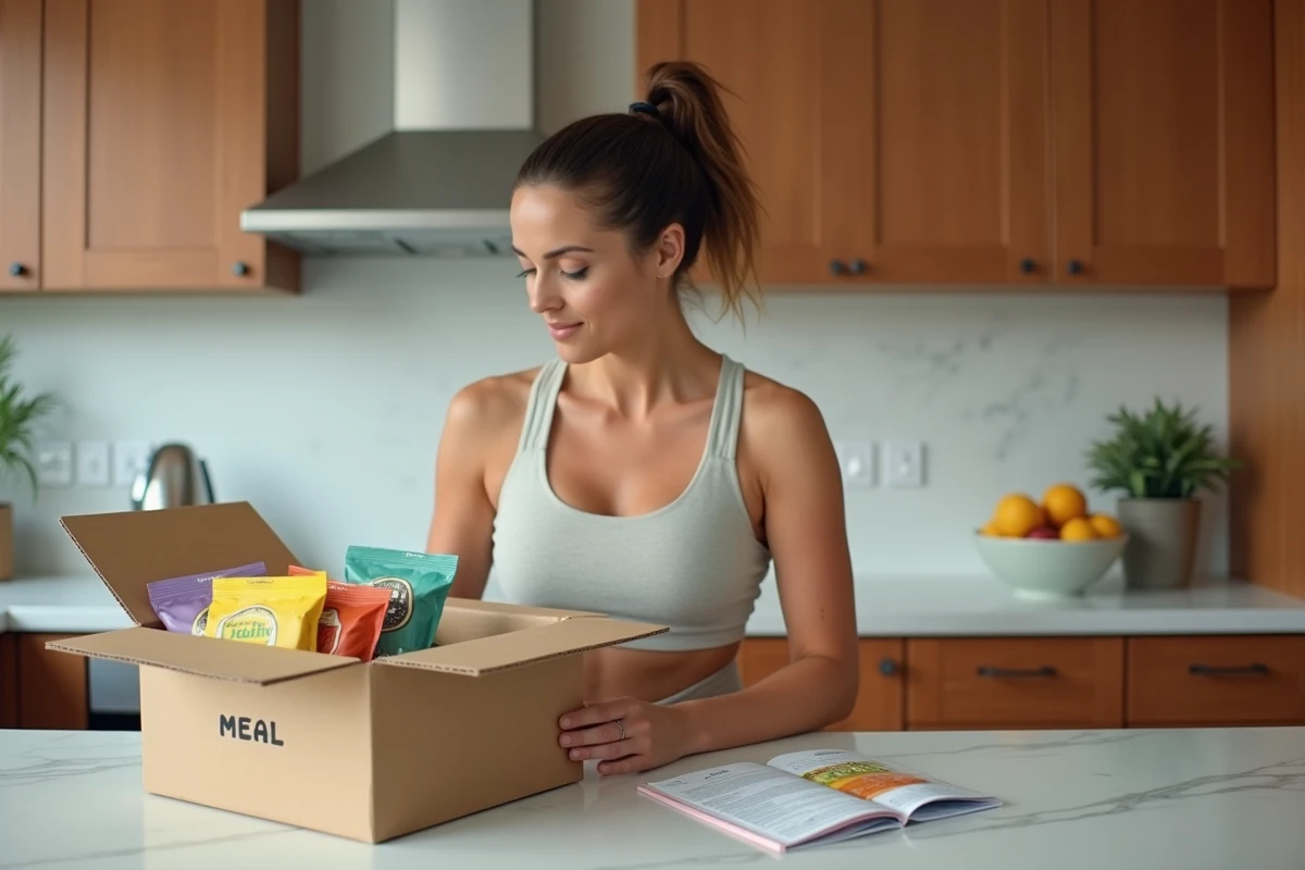 Femme déballant une box régime avec des produits nutritionnels sains sur un comptoir de cuisine moderne