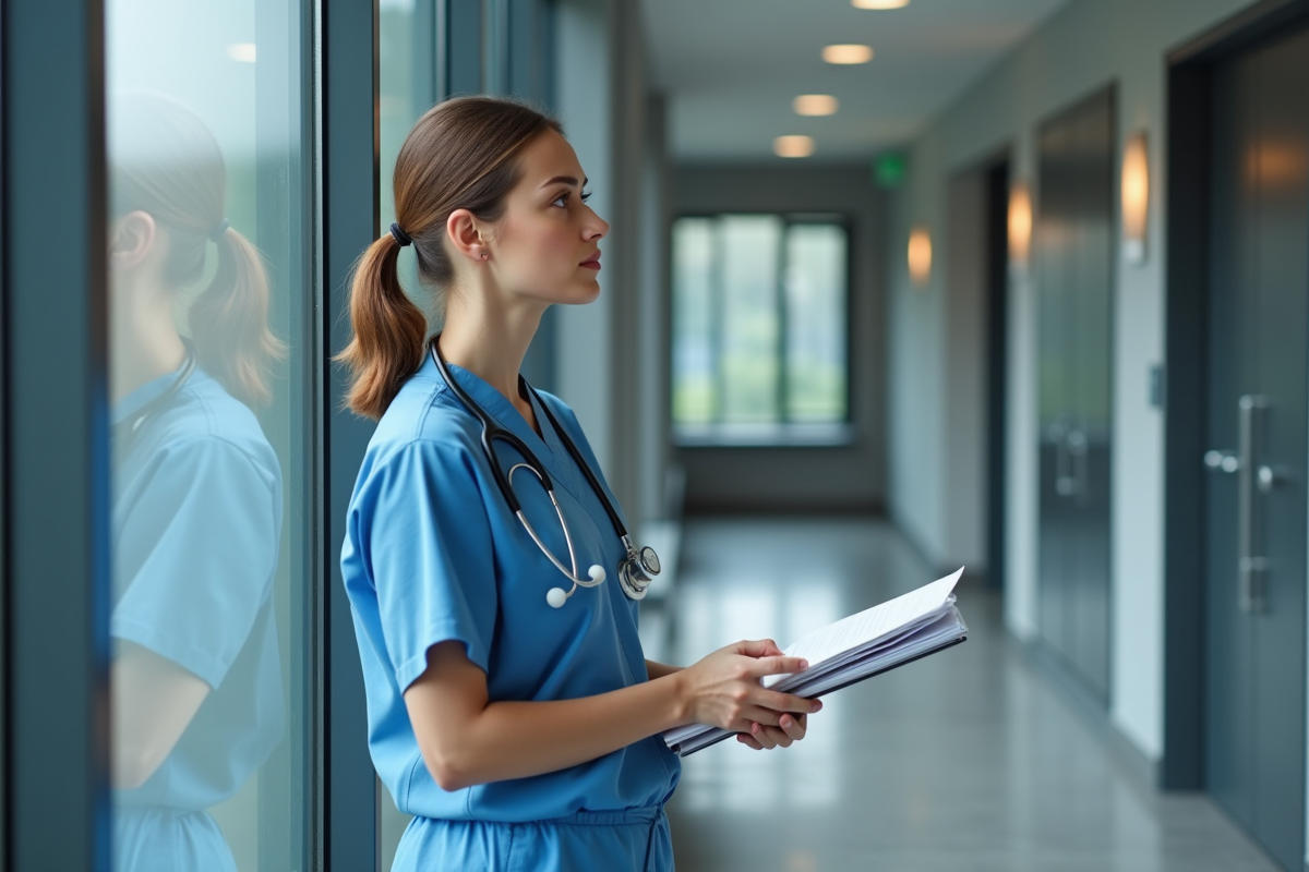 Jeune femme médecin réfléchissant dans un couloir moderne