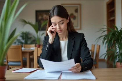 Femme professionnelle examine des documents &agrave; la maison