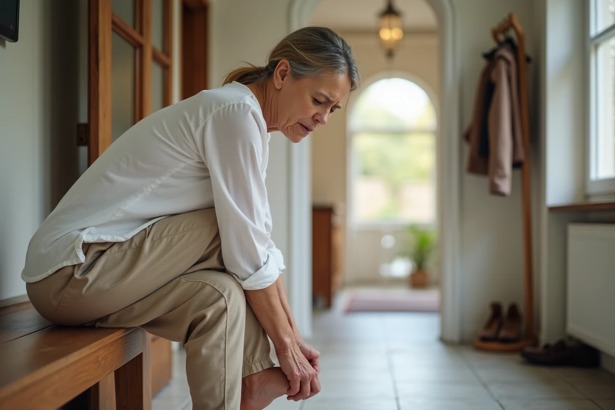 Femme d'âge moyen assise tenant son talon douloureux, illustrant les symptômes d'une épine calcanéenne