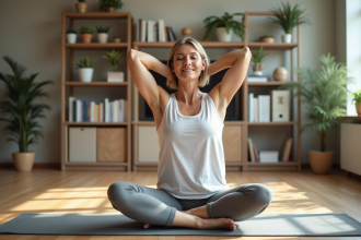 Femme d'âge moyen faisant des étirements doux dans un salon lumineux