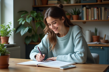 Jeune femme écrivant dans un carnet avec sourire inspirant