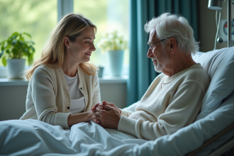 Femme en tricot doux tenant la main d'un homme âgé à l'hôpital