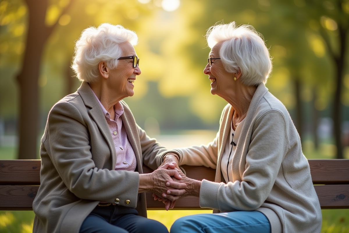 Femme âgée et sa jeune version souriant dans un parc