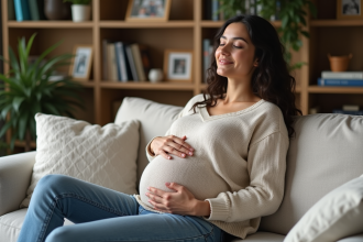 Femme enceinte souriante dans un salon cosy