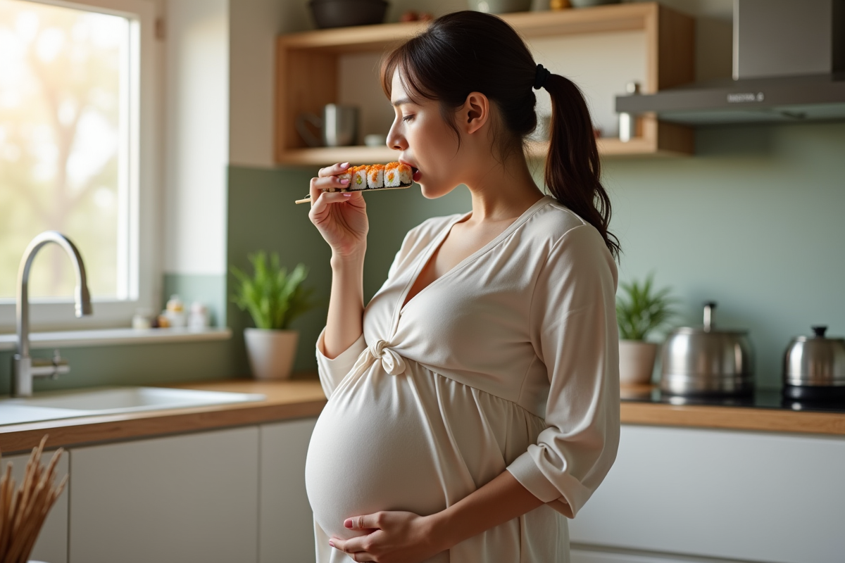 Femme enceinte surprise mangeant un sushi dans une cuisine lumineuse
