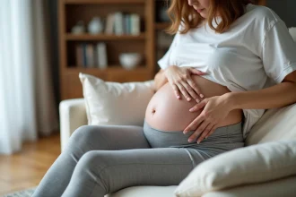 Femme enceinte au troisième trimestre assise sur un canapé, main posée sur le mollet, illustrant la douleur de la veine saphène pendant la grossesse