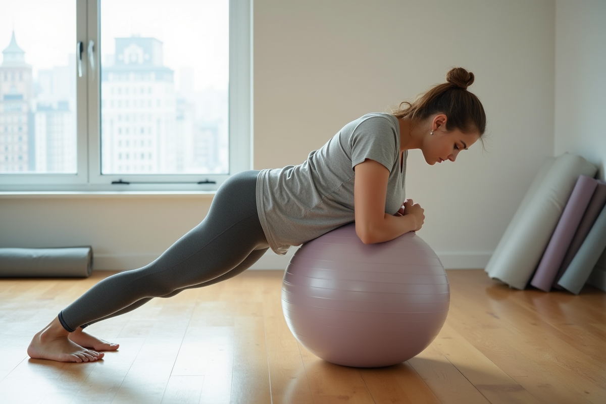 Jeune femme enceinte faisant des étirements dans un studio lumineux