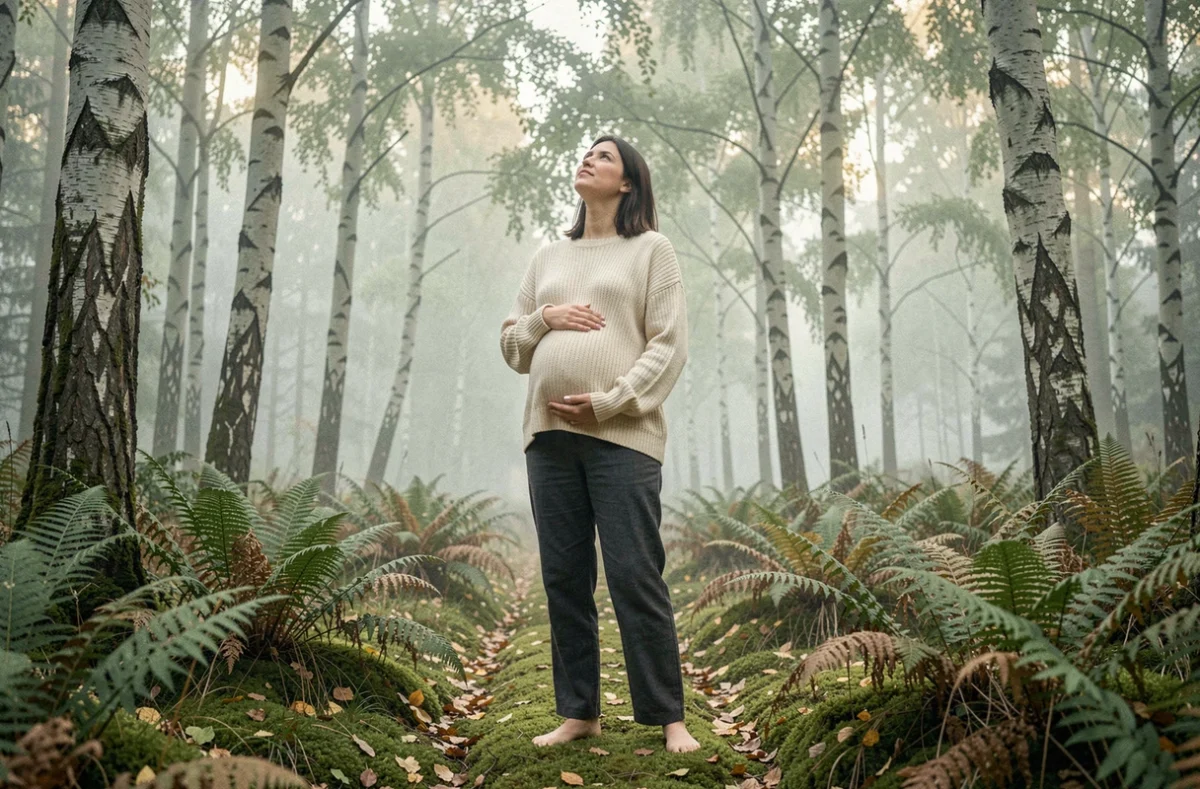 Femme enceinte pieds nus dans une clairière brumeuse en forêt, bras ouverts vers la nature, dans une atmosphère mystique et spirituelle au lever du jour