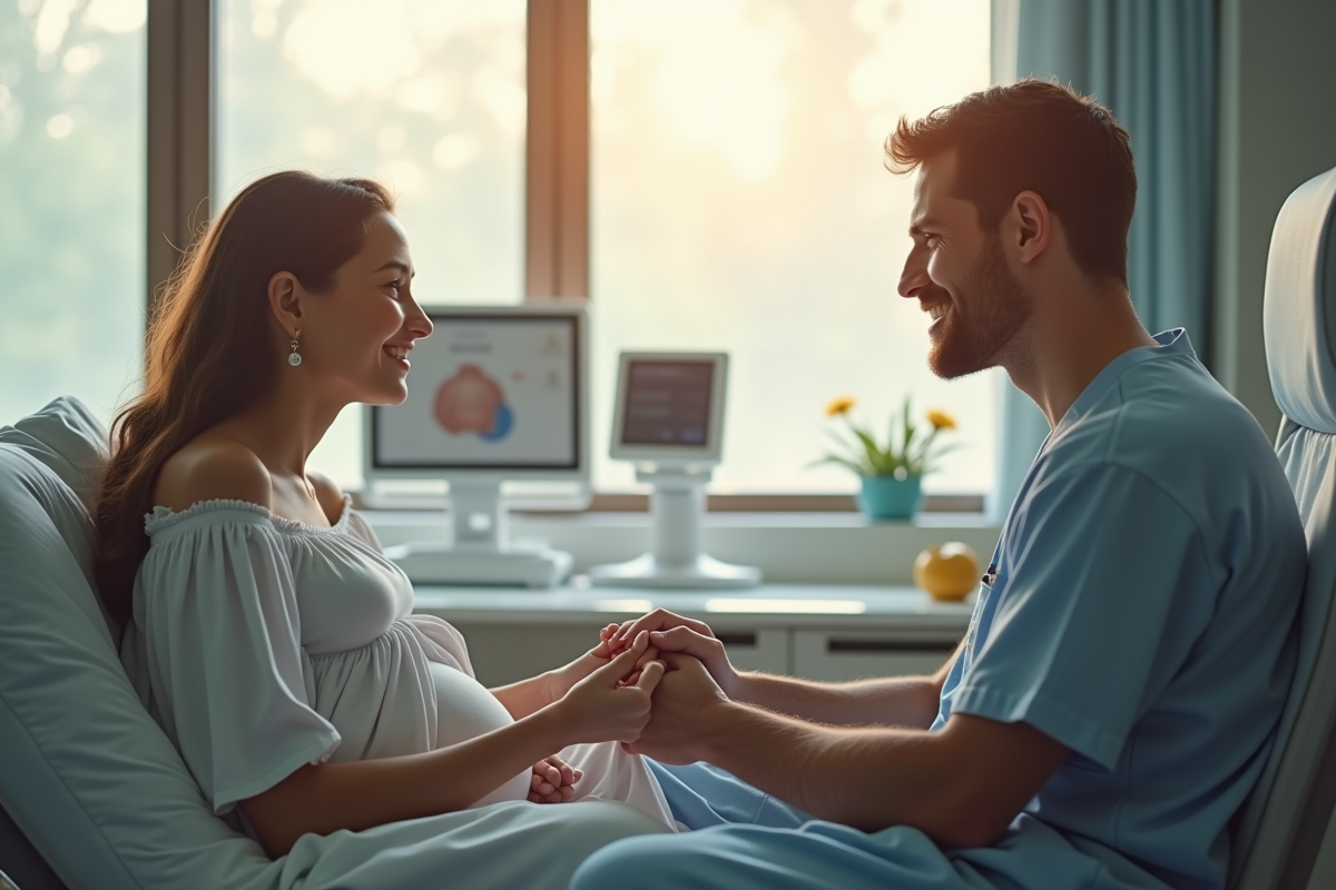Femme enceinte souriante avec partenaire dans un hopital moderne