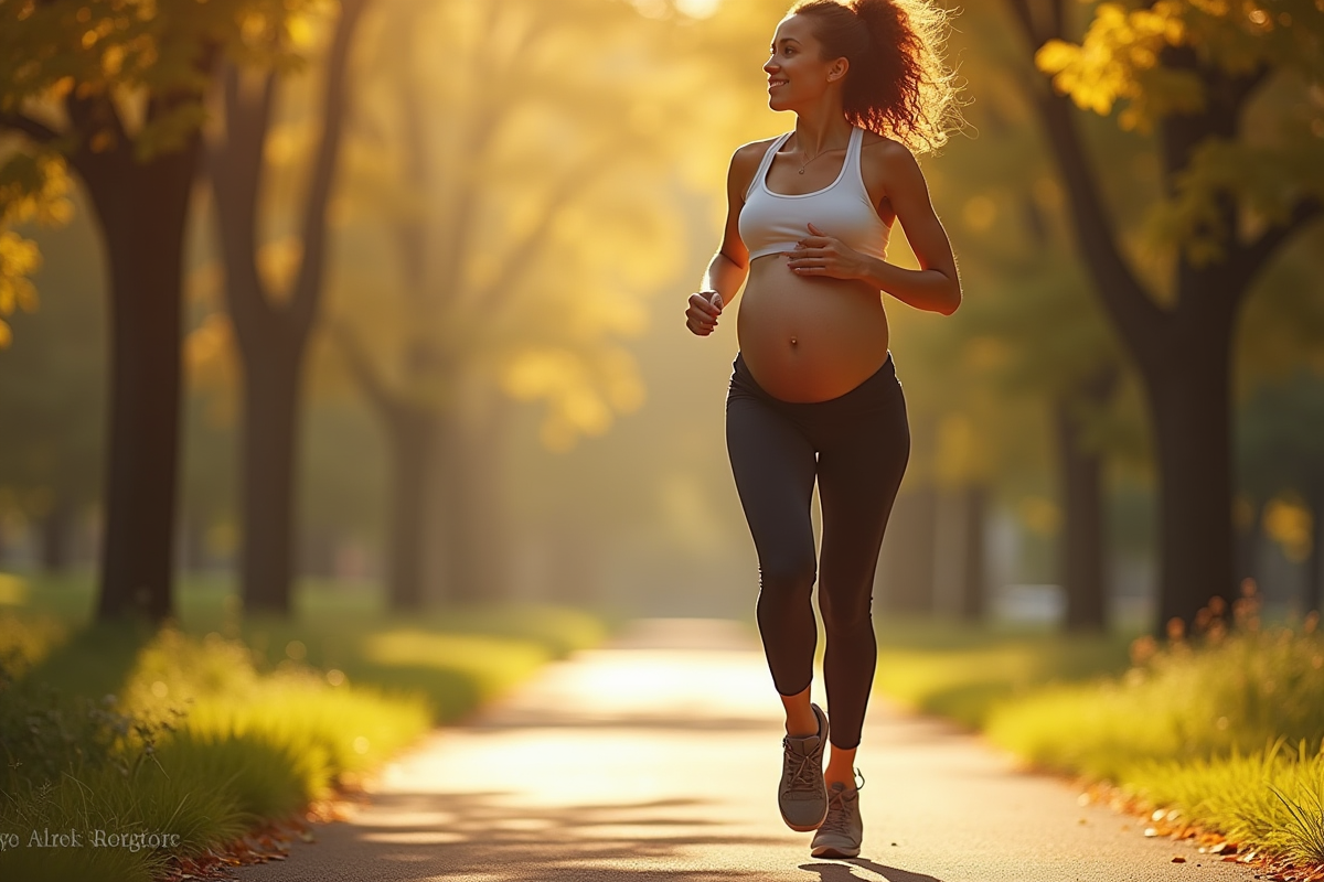 Femme enceinte courant dans un parc en matinée