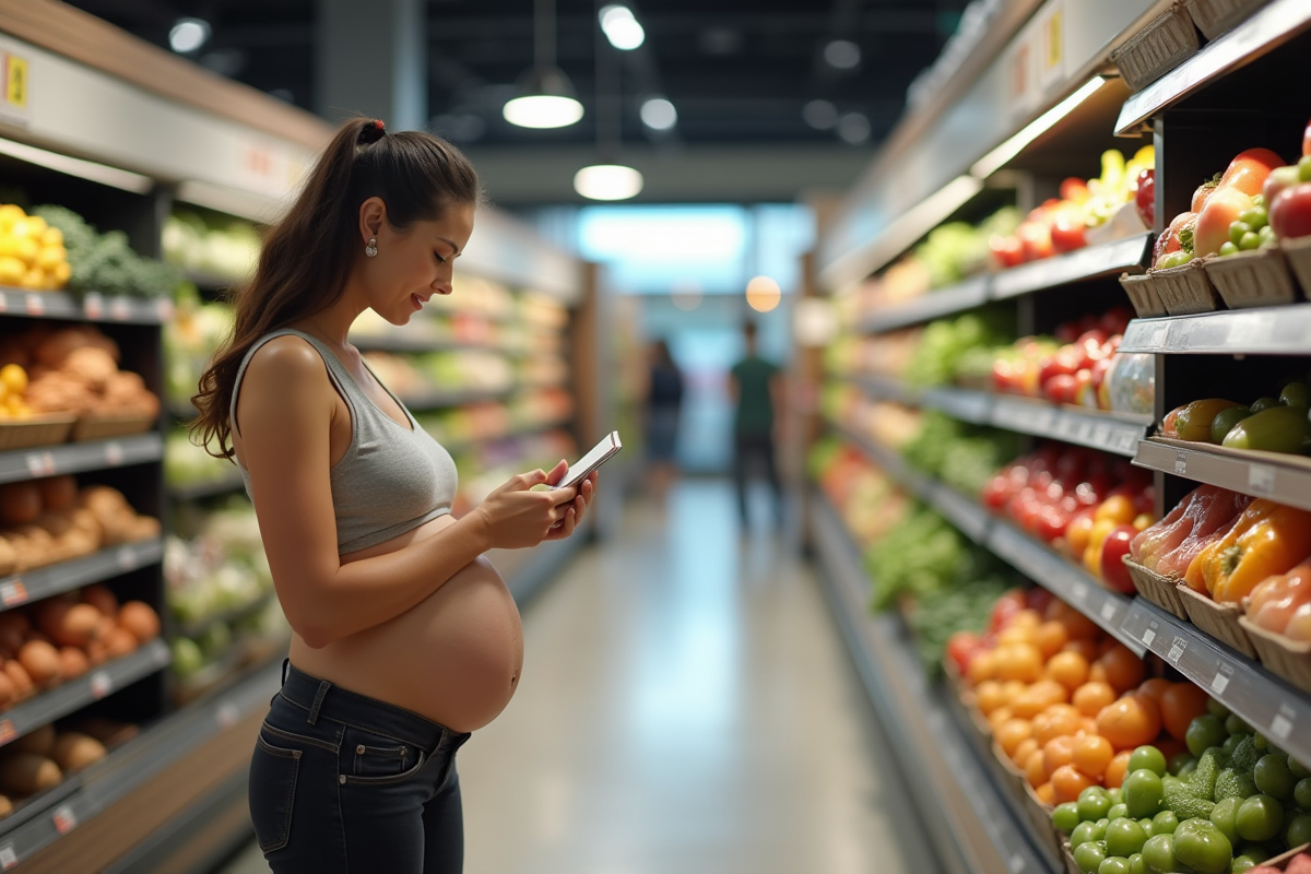 Femme enceinte vérifiant une étiquette alimentaire dans le magasin