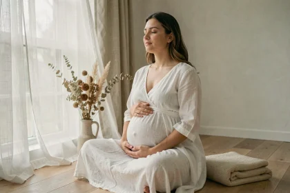 Femme enceinte en robe blanche en position méditative, les mains posées sur le ventre, dans une atmosphère intérieure apaisante et spirituelle