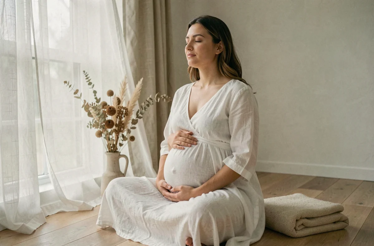 Femme enceinte en robe blanche en position méditative, les mains posées sur le ventre, dans une atmosphère intérieure apaisante et spirituelle