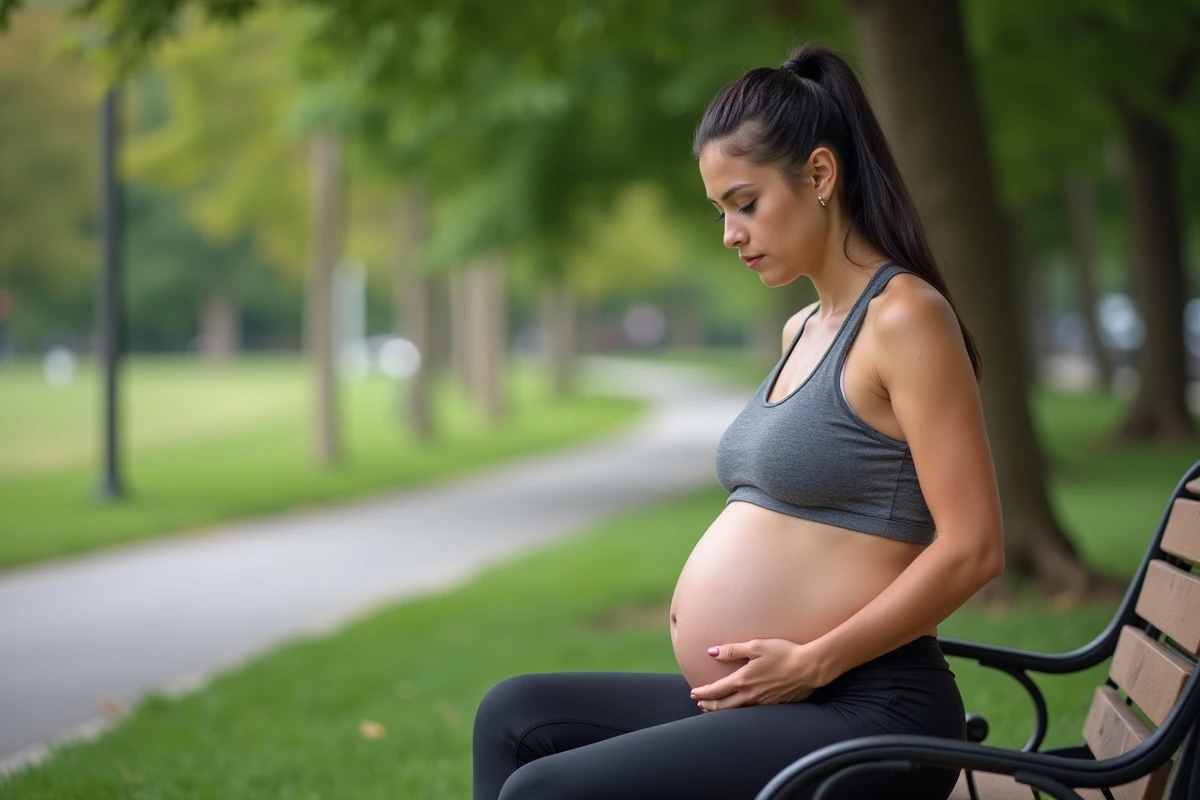 Femme enceinte assise dans un parc en tenue sportive