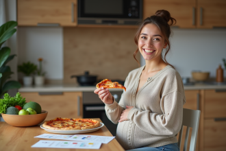 Femme enceinte souriante mangeant une pizza dans la cuisine