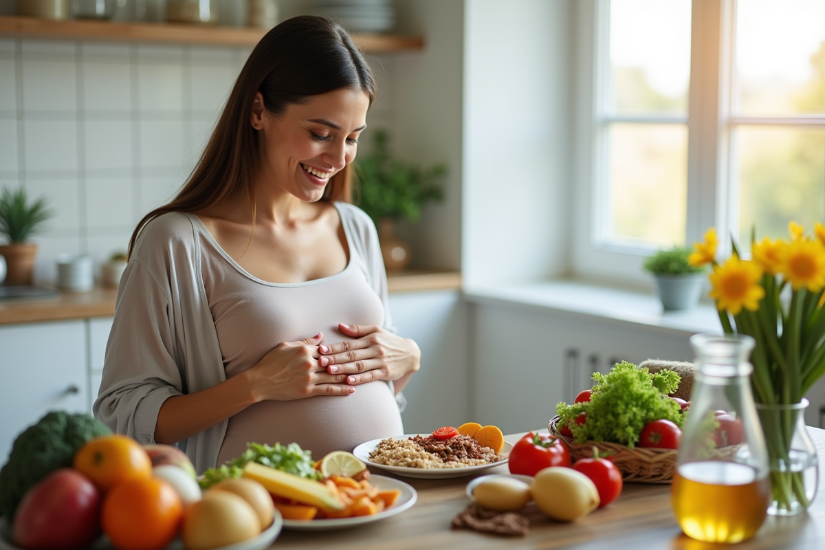 Femme enceinte mangeant un repas sain dans la cuisine lumineuse