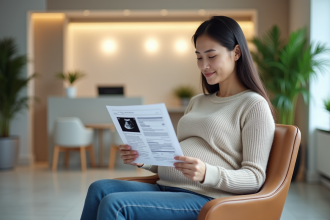 Femme enceinte lisant des résultats de laboratoire dans une clinique moderne