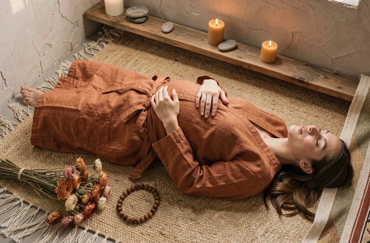 Femme enceinte allongée en vue aérienne sur un tapis naturel entourée d'objets rituels, dans une ambiance intérieure intime et sacrée
