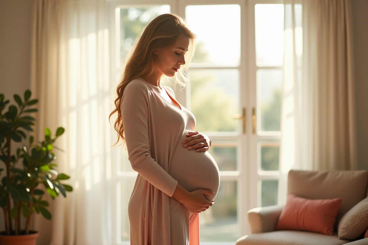 Femme enceinte dans un salon lumineux et calme