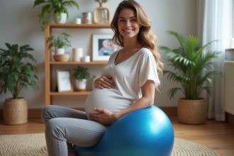 Femme enceinte assise sur ballon de yoga dans un salon chaleureux