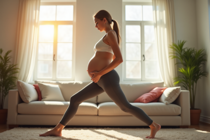 Femme enceinte en tenue de sport dans un salon lumineux