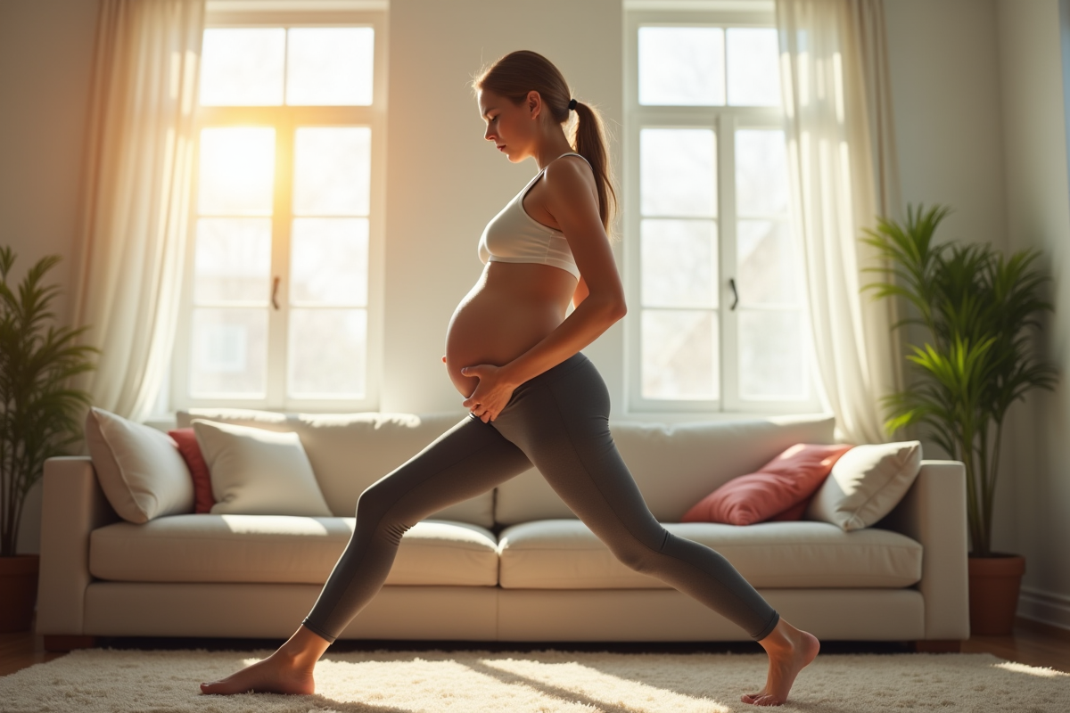 Femme enceinte en tenue de sport dans un salon lumineux