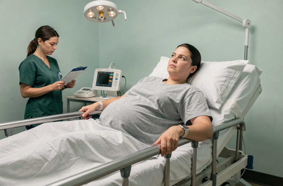 Femme enceinte en travail d'accouchement sur un lit de maternité avec une sage-femme en arrière-plan