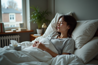 Jeune femme en pyjama reposant dans son lit douillet