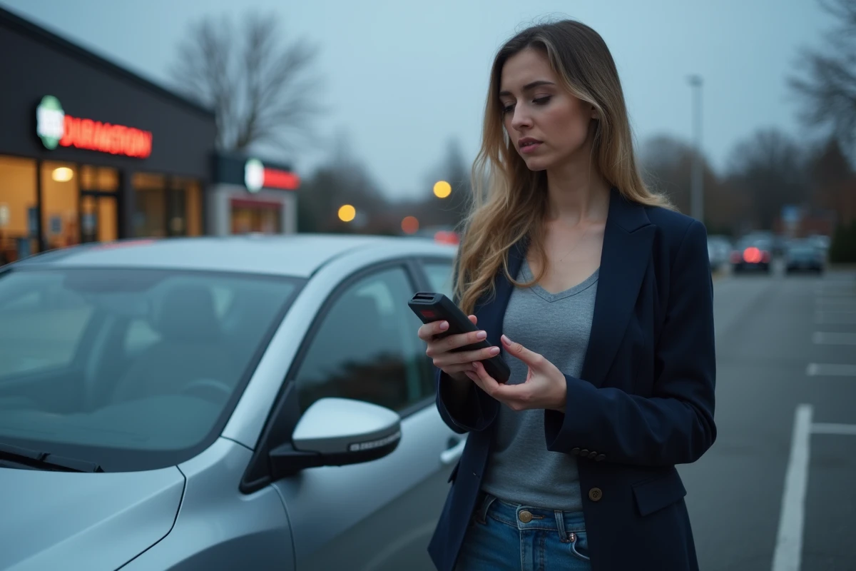 Femme vérifiant son alcoolémie avec un éthylotest avant de prendre le volant dans un parking