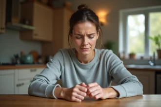 Femme examinant ses ongles avec des taches blanches à la maison dans une cuisine chaleureuse
