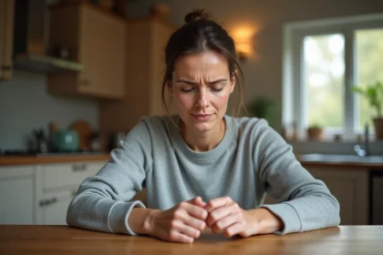 Femme examinant ses ongles avec des taches blanches à la maison dans une cuisine chaleureuse