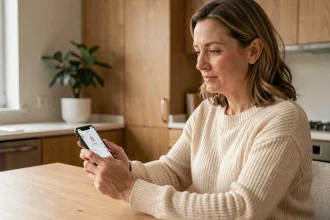 Femme gérant les rendez-vous médicaux de sa famille sur l'application KelDoc depuis son espace compte personnel
