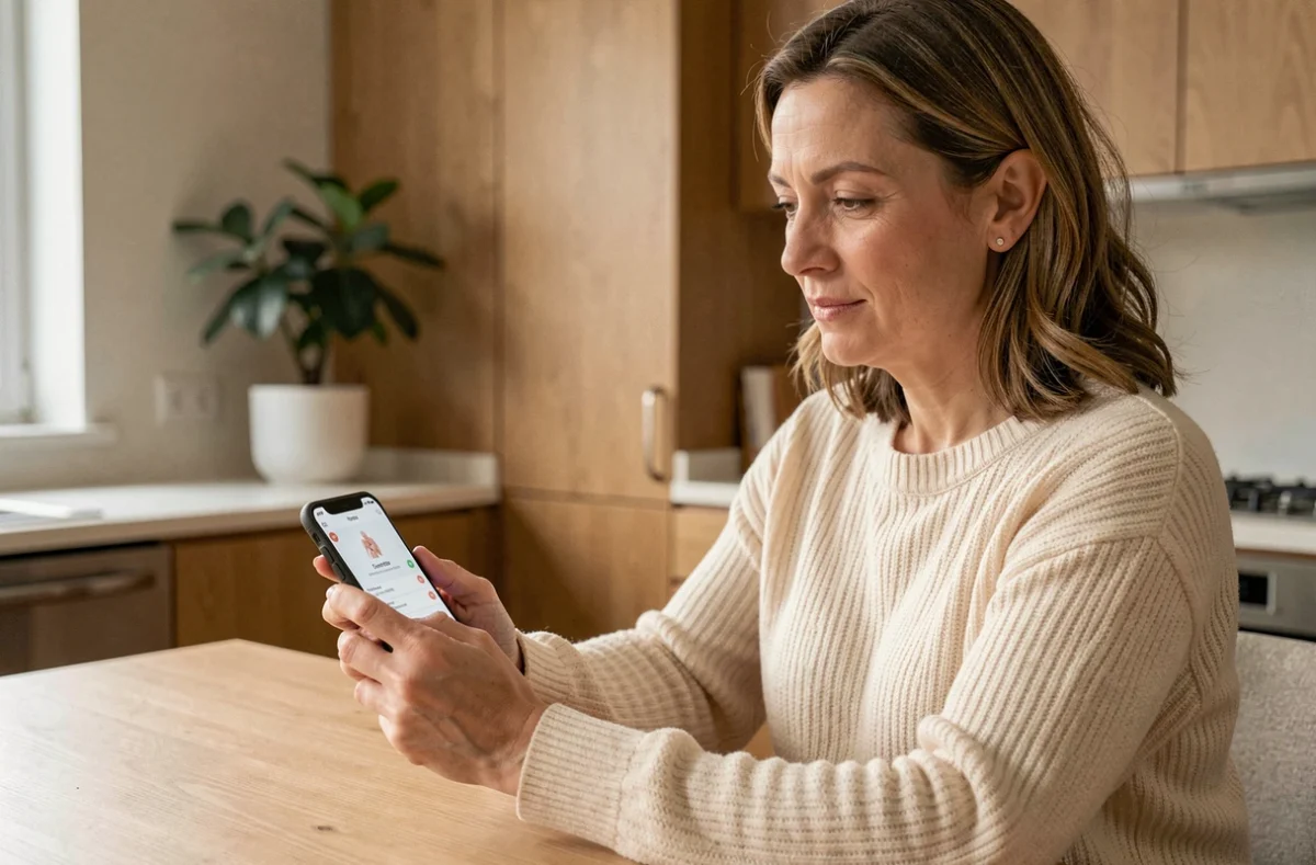 Femme gérant les rendez-vous médicaux de sa famille sur l'application KelDoc depuis son espace compte personnel
