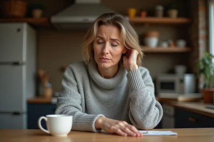 Femme se grattant la main droite à table, expression pensive, dans une cuisine chaleureuse