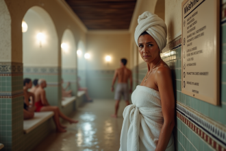 Femme dans un hammam avec mosaïque et vapeur
