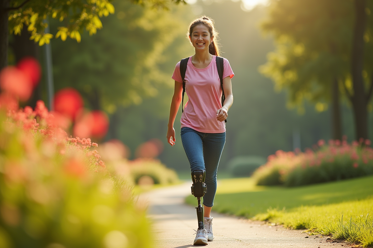 Jeune femme souriante avec prothese marche dans parc
