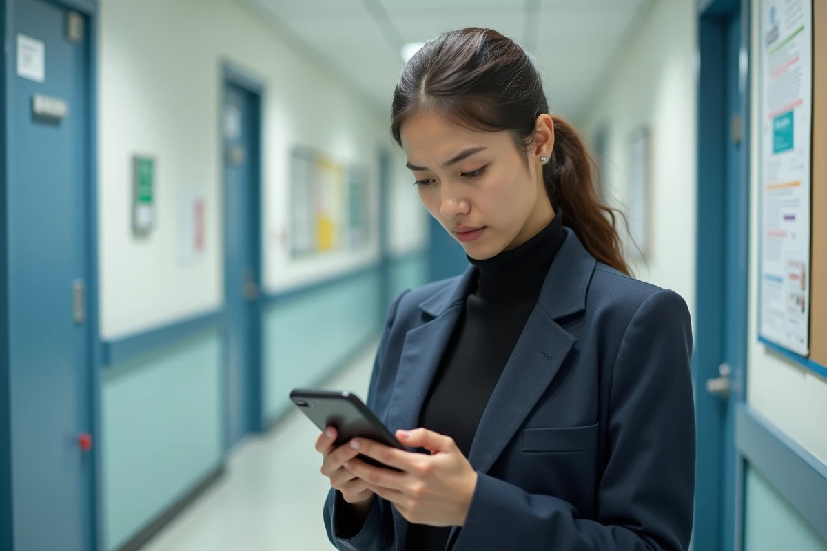 Jeune femme en laboratoire utilisant son smartphone