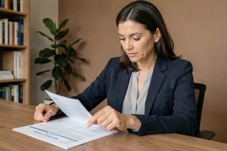 Femme lisant attentivement un contrat d'assurance santé Ociane Matmut à son bureau à domicile