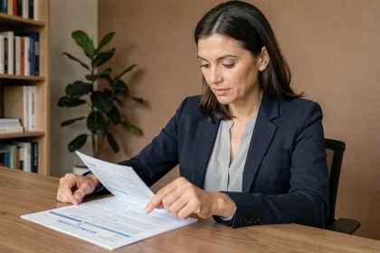 Femme lisant attentivement un contrat d'assurance santé Ociane Matmut à son bureau à domicile